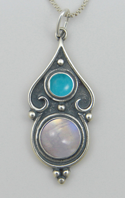 Sterling Silver Romantic Necklace Rainbow Moonstone And Turquoise